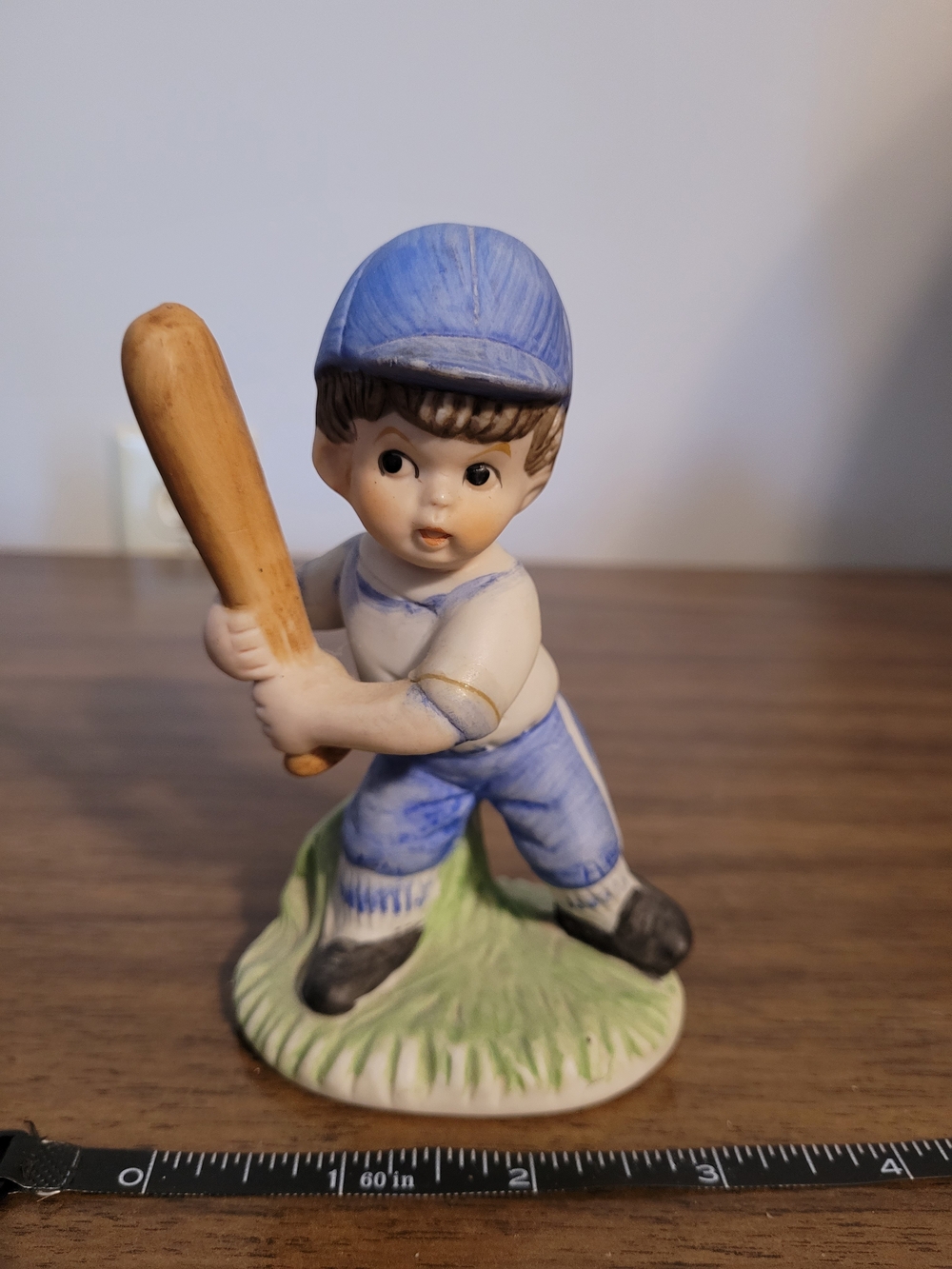 Vintage Blue Baseball Boy Figurine with Cream Shirt